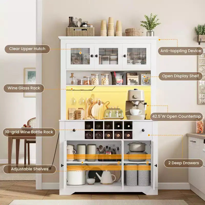 COZONY 68.7 Farmhouse Kitchen Pantry Cabinet with Countertop, Drawers & Adjustable Shelves, Tall Storage Hutch with Bottle Rack