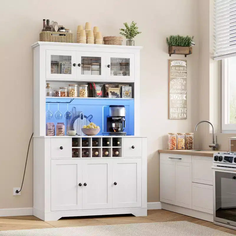 COZONY 68.7 Farmhouse Kitchen Pantry Cabinet with Countertop, Drawers & Adjustable Shelves, Tall Storage Hutch with Bottle Rack