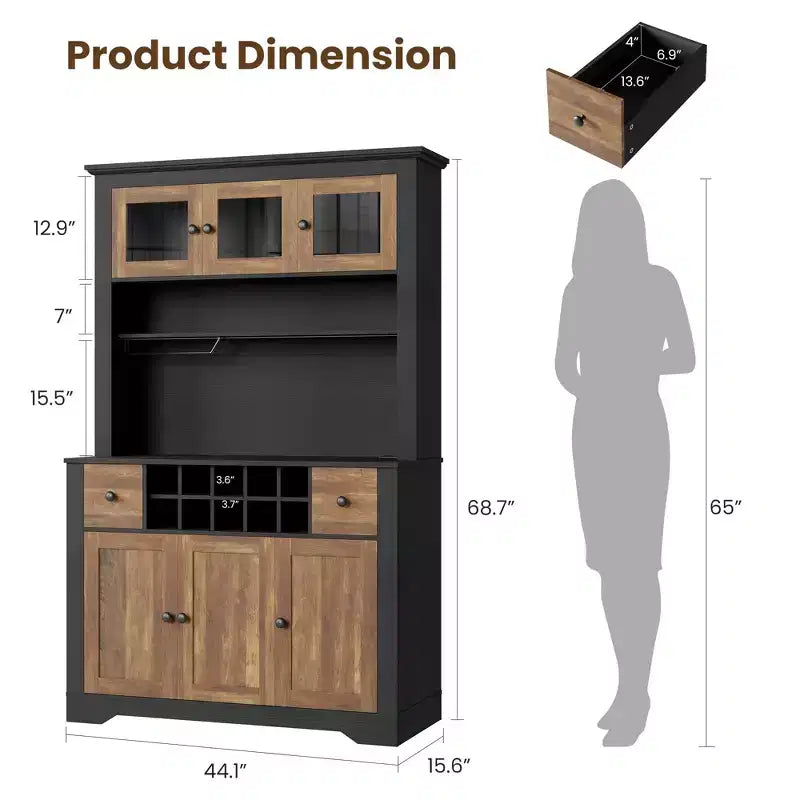 COZONY 68.7 Farmhouse Kitchen Pantry Cabinet with Countertop, Drawers & Adjustable Shelves, Tall Storage Hutch with Bottle Rack