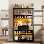 68,7 Armoire de cuisine de ferme avec comptoir, tiroirs et étagères réglables, buffet de rangement haut avec casier à bouteilles