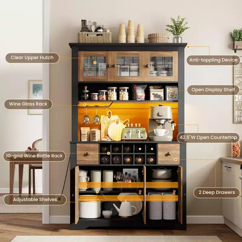 COZONY 68.7 Farmhouse Kitchen Pantry Cabinet with Countertop, Drawers & Adjustable Shelves, Tall Storage Hutch with Bottle Rack