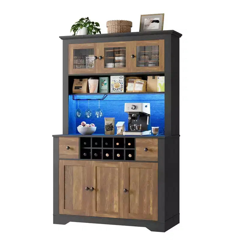 COZONY 68.7 Farmhouse Kitchen Pantry Cabinet with Countertop, Drawers & Adjustable Shelves, Tall Storage Hutch with Bottle Rack