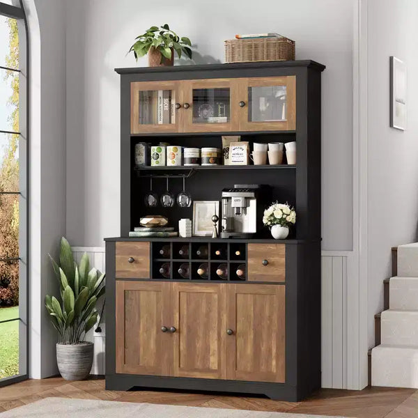 68,7 Armoire de cuisine de ferme avec comptoir, tiroirs et étagères réglables, buffet de rangement haut avec casier à bouteilles