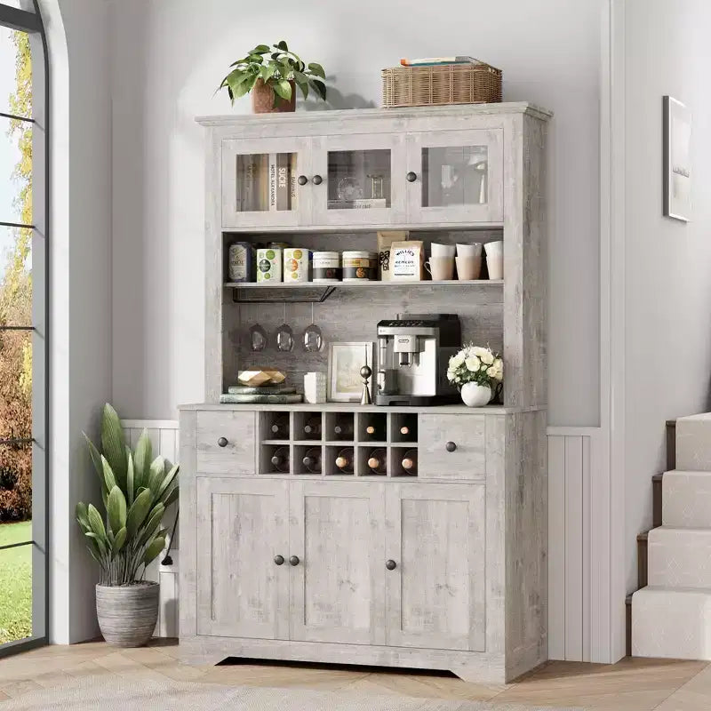 COZONY 68.7 Farmhouse Kitchen Pantry Cabinet with Countertop, Drawers & Adjustable Shelves, Tall Storage Hutch with Bottle Rack