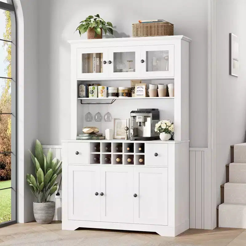 COZONY 68.7 Farmhouse Kitchen Pantry Cabinet with Countertop, Drawers & Adjustable Shelves, Tall Storage Hutch with Bottle Rack