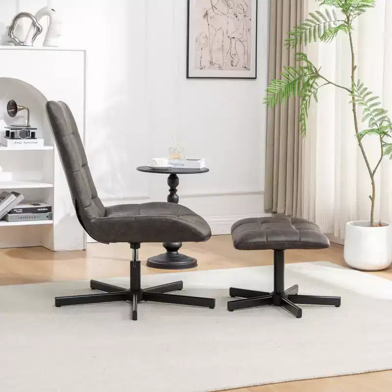 GDFStudio Mora 2 Piece Faux Leather Tufted Accent Chair and Ottoman Set with Metal Base
