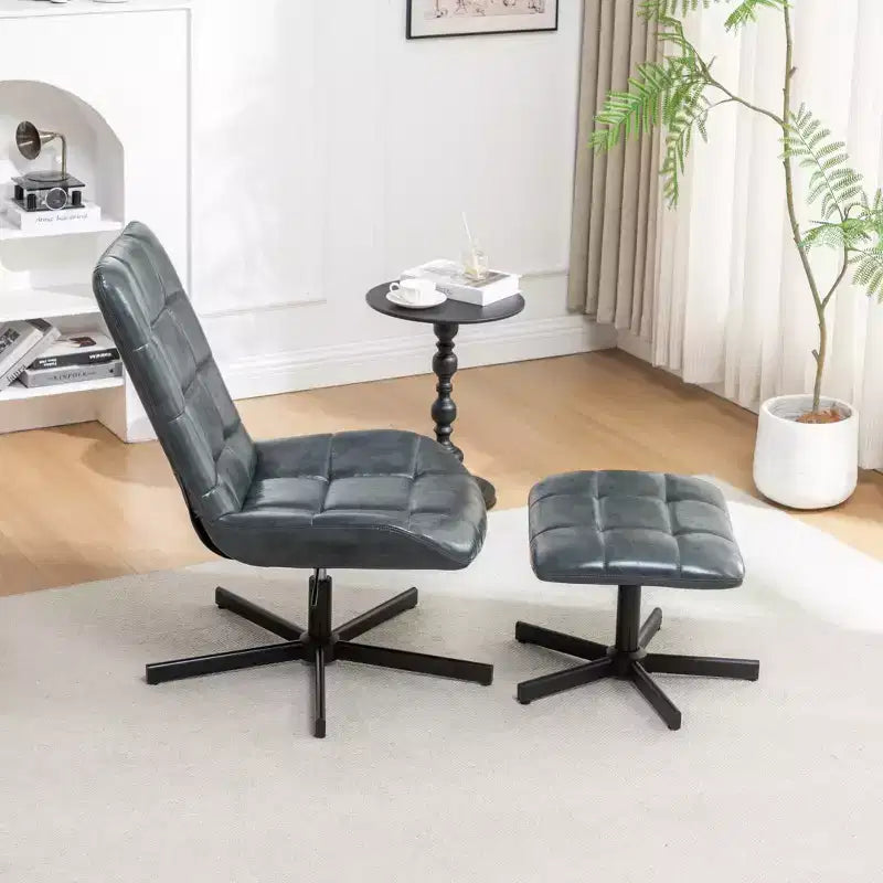 GDFStudio Mora 2 Piece Faux Leather Tufted Accent Chair and Ottoman Set with Metal Base