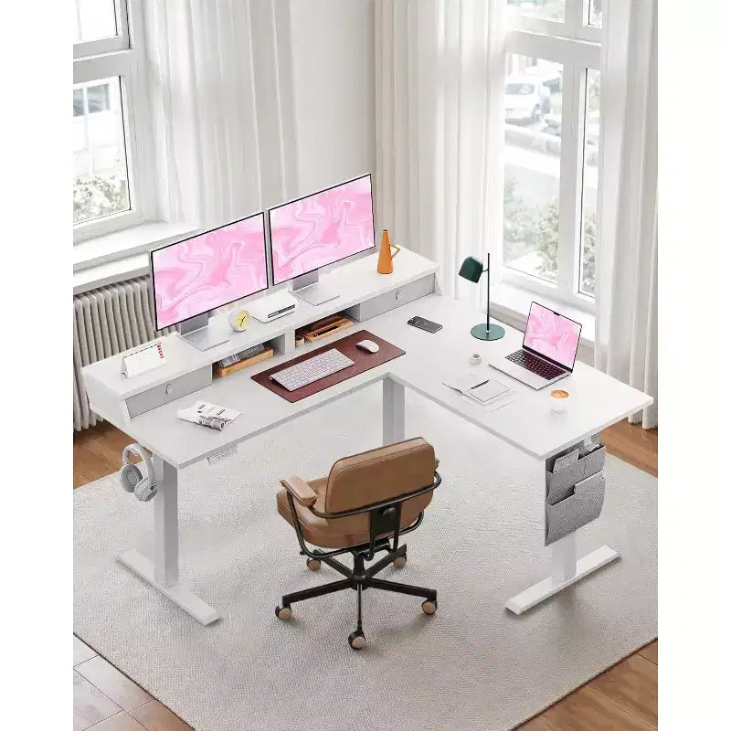 L Shaped Electric Standing Desk, 63 Ergonomic Corner Height Adjustable Desk with Drawers, Sit Stand Computer Table with Storage for Work Office Home
