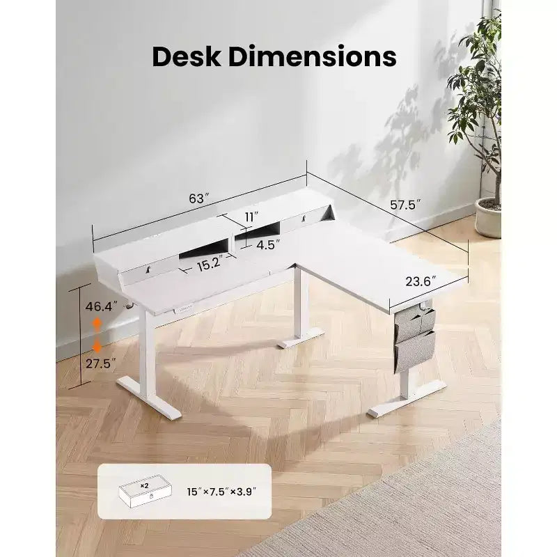 L Shaped Electric Standing Desk, 63 Ergonomic Corner Height Adjustable Desk with Drawers, Sit Stand Computer Table with Storage for Work Office Home