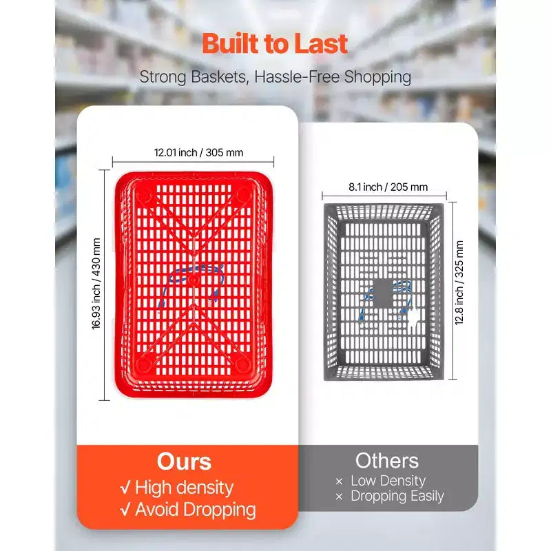 VEVOR Shopping Baskets, 4 PCS, 21L Stackable PE Plastic Grocery Baskets with Handles, Dense Mesh Structure, Holds up to 20 lbs, Red
