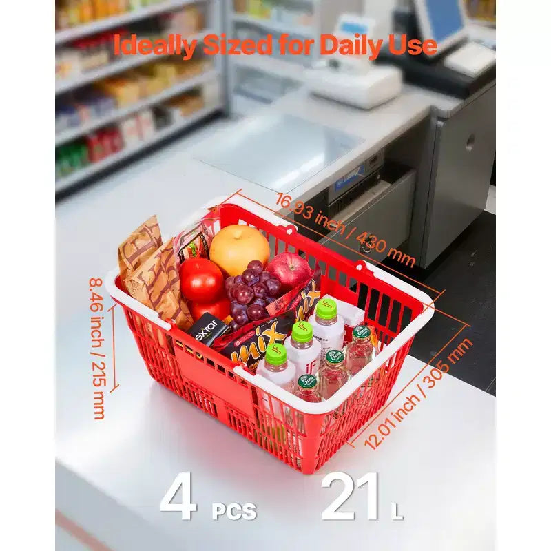 VEVOR Shopping Baskets, 4 PCS, 21L Stackable PE Plastic Grocery Baskets with Handles, Dense Mesh Structure, Holds up to 20 lbs, Red