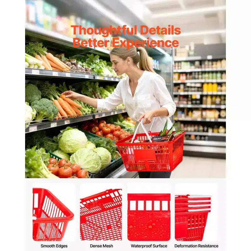 VEVOR Shopping Baskets, 4 PCS, 21L Stackable PE Plastic Grocery Baskets with Handles, Dense Mesh Structure, Holds up to 20 lbs, Red