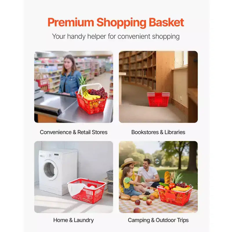 VEVOR Shopping Baskets, 4 PCS, 21L Stackable PE Plastic Grocery Baskets with Handles, Dense Mesh Structure, Holds up to 20 lbs, Red