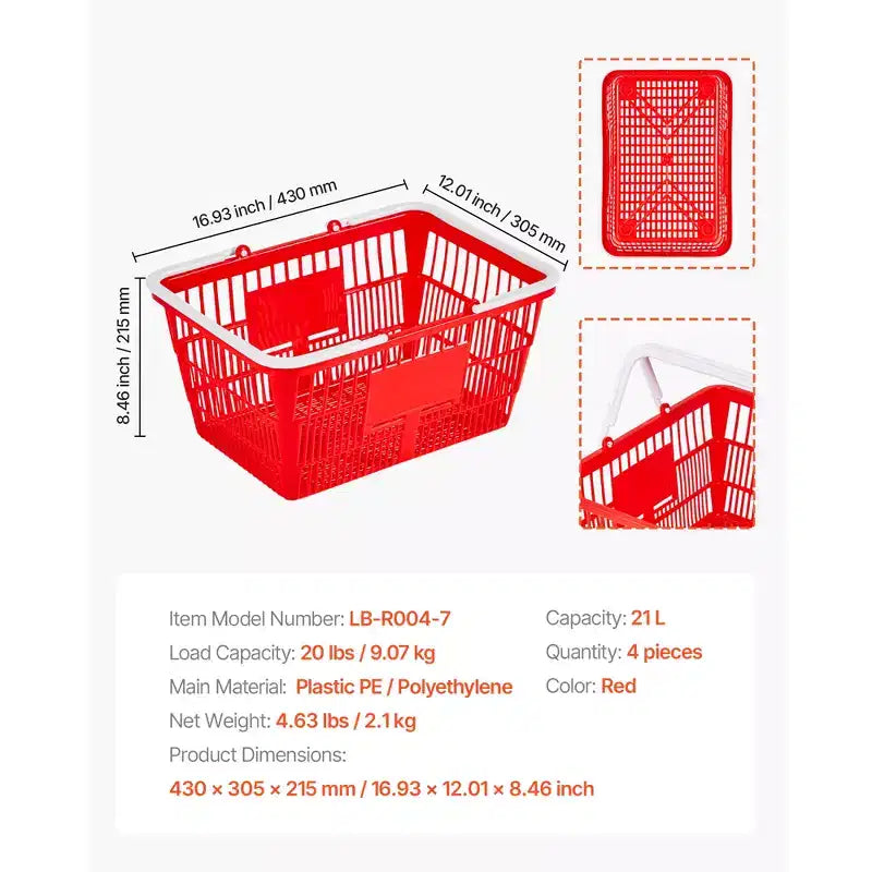 VEVOR Shopping Baskets, 4 PCS, 21L Stackable PE Plastic Grocery Baskets with Handles, Dense Mesh Structure, Holds up to 20 lbs, Red