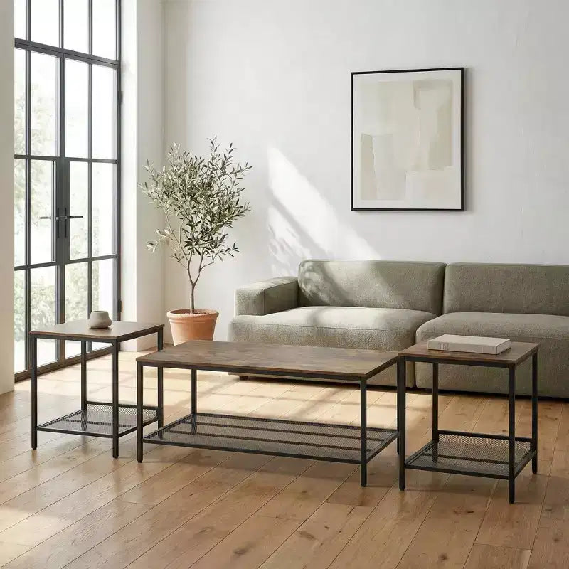 FurnitureR 3 Piece Industrial Coffee Table Set with Storage Shelf, Rustic Living Room Table Set,Includes 1 Coffee Table and 2 End Tables for Sofa Side