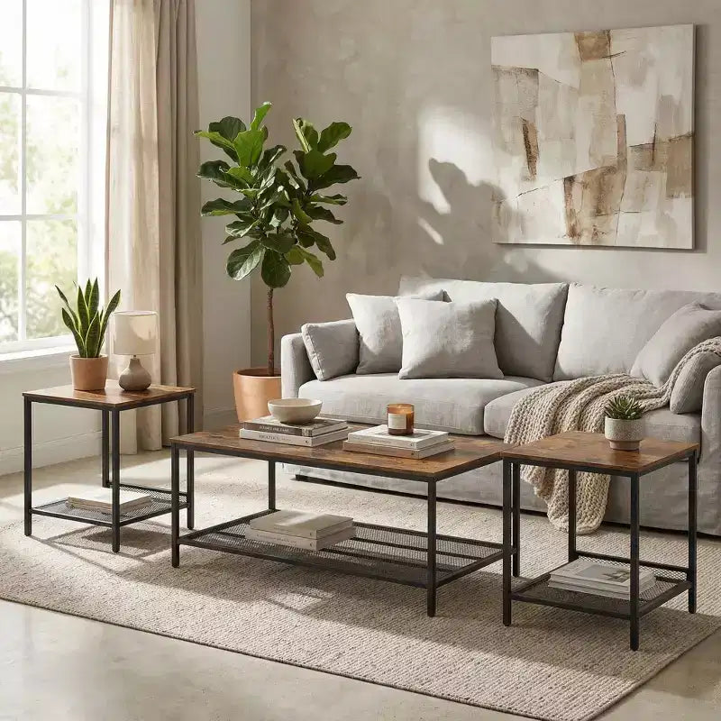 FurnitureR 3 Piece Industrial Coffee Table Set with Storage Shelf, Rustic Living Room Table Set,Includes 1 Coffee Table and 2 End Tables for Sofa Side
