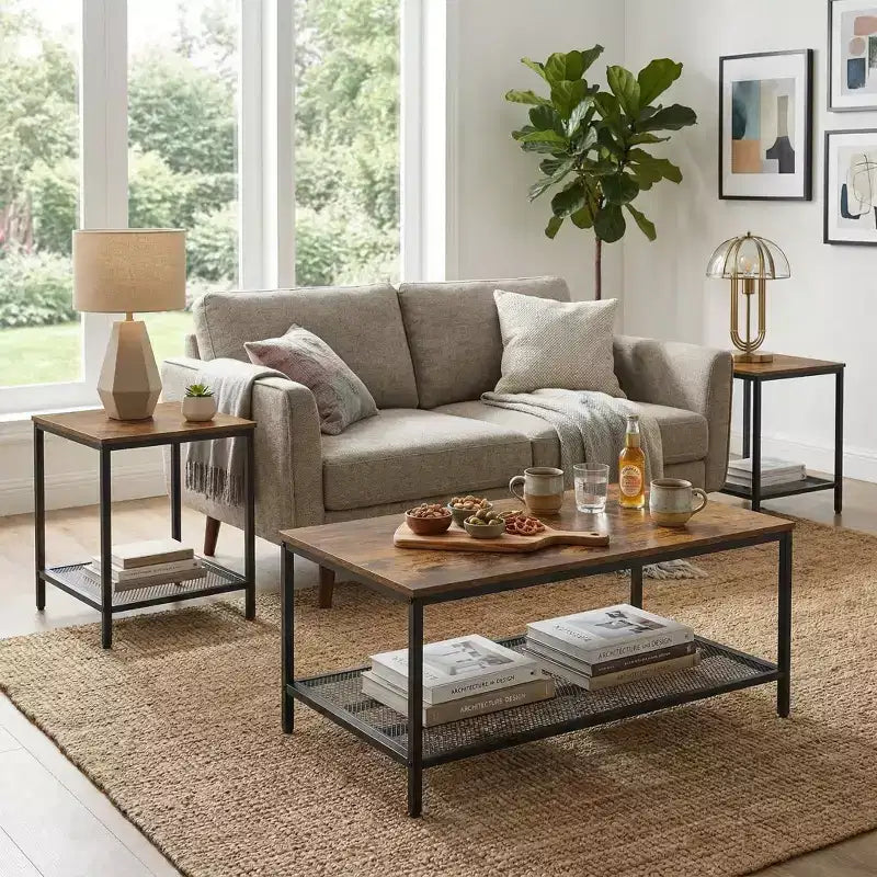 FurnitureR 3 Piece Industrial Coffee Table Set with Storage Shelf, Rustic Living Room Table Set,Includes 1 Coffee Table and 2 End Tables for Sofa Side