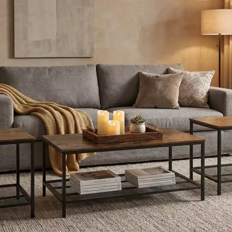 FurnitureR 3 Piece Industrial Coffee Table Set with Storage Shelf, Rustic Living Room Table Set,Includes 1 Coffee Table and 2 End Tables for Sofa Side