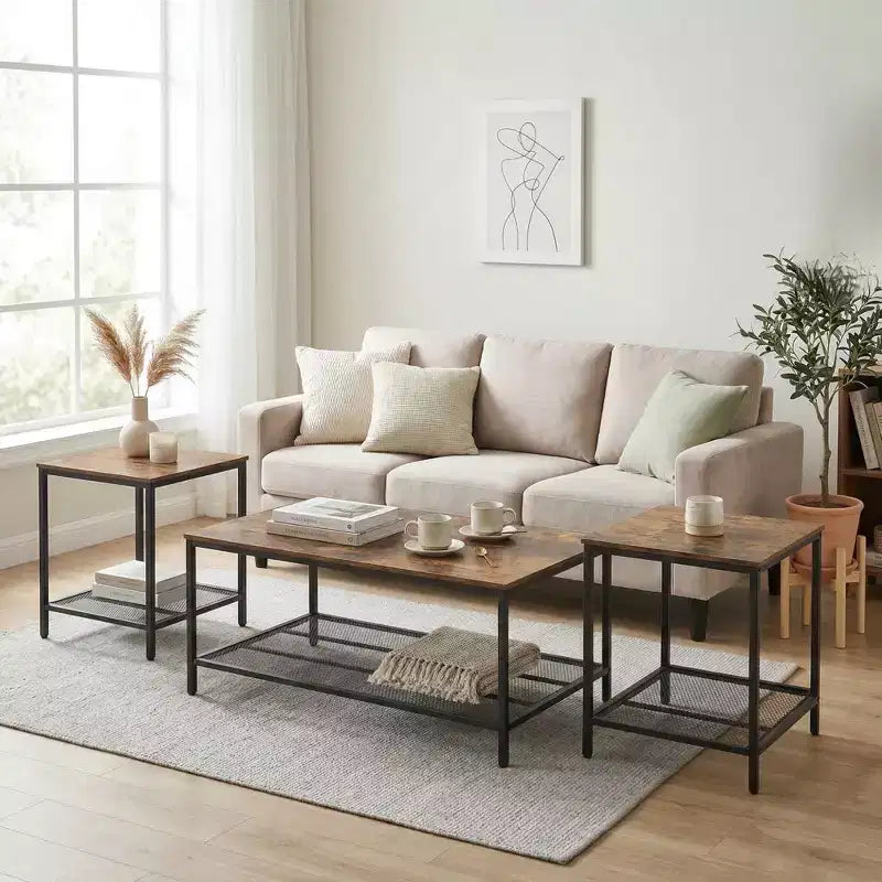 FurnitureR 3 Piece Industrial Coffee Table Set with Storage Shelf, Rustic Living Room Table Set,Includes 1 Coffee Table and 2 End Tables for Sofa Side