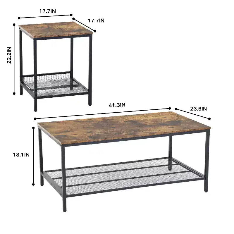 FurnitureR 3 Piece Industrial Coffee Table Set with Storage Shelf, Rustic Living Room Table Set,Includes 1 Coffee Table and 2 End Tables for Sofa Side