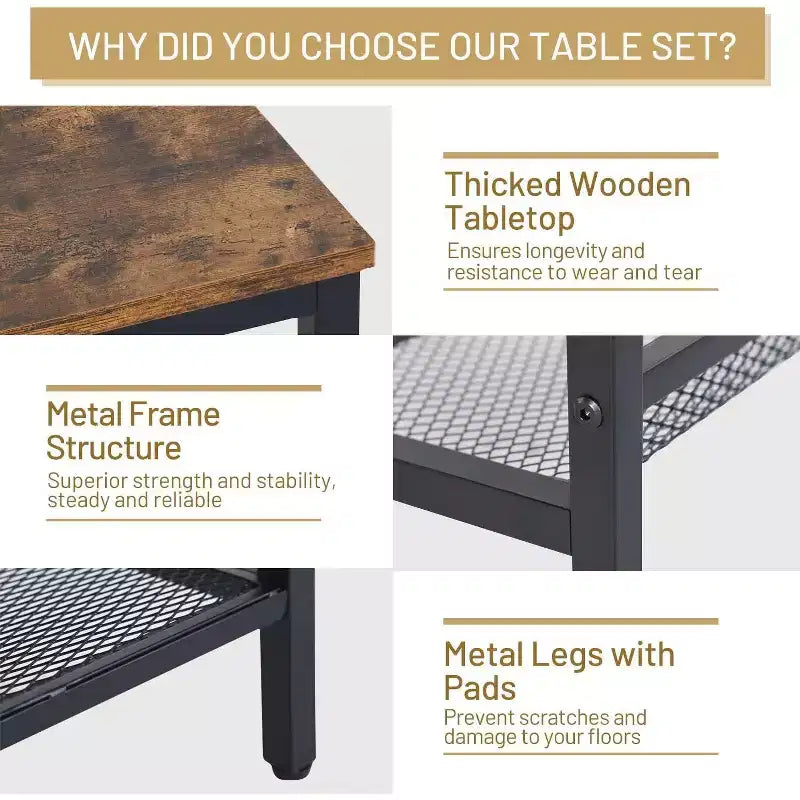FurnitureR 3 Piece Industrial Coffee Table Set with Storage Shelf, Rustic Living Room Table Set,Includes 1 Coffee Table and 2 End Tables for Sofa Side