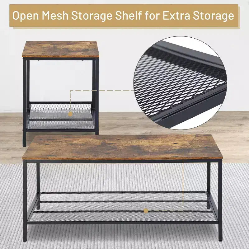 FurnitureR 3 Piece Industrial Coffee Table Set with Storage Shelf, Rustic Living Room Table Set,Includes 1 Coffee Table and 2 End Tables for Sofa Side