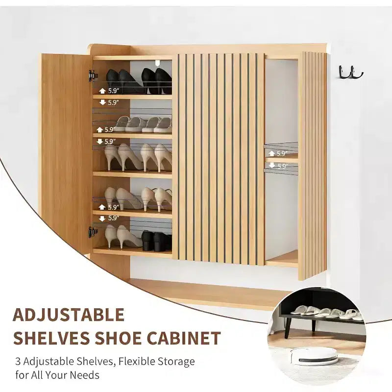 Large Shoe Cabinet with Doors, 6 Tier Shoe Storage Cabinet with Adjustable Shelves and Hooks, Wooden Shoe Organizer, Holds 30+ Pairs, White