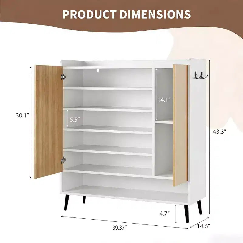 Large Shoe Cabinet with Doors, 6 Tier Shoe Storage Cabinet with Adjustable Shelves and Hooks, Wooden Shoe Organizer, Holds 30+ Pairs, White