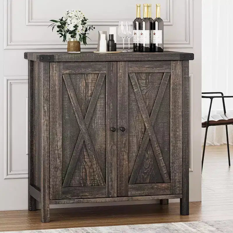 Small Storage Cabinet 2 Piece, Farmhouse Sideboard with 2 Doors & Adjustable Shelves, Entryway Console for Living Room/Dining Room/Kitchen