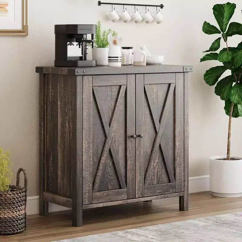 Small Storage Cabinet 2 Piece, Farmhouse Sideboard with 2 Doors & Adjustable Shelves, Entryway Console for Living Room/Dining Room/Kitchen