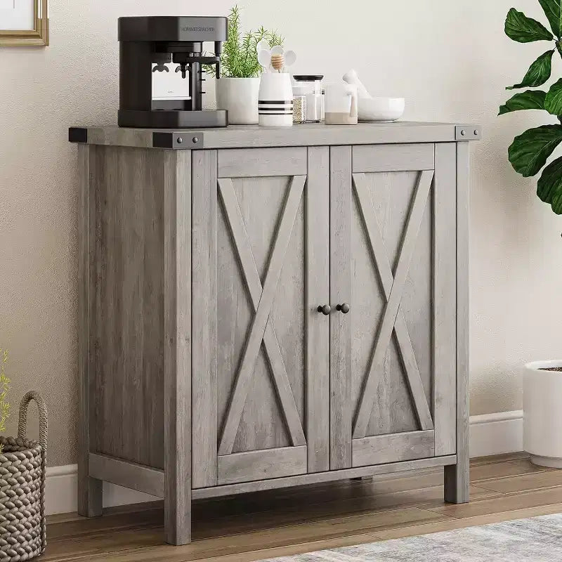 Small Storage Cabinet 2 Piece, Farmhouse Sideboard with 2 Doors & Adjustable Shelves, Entryway Console for Living Room/Dining Room/Kitchen