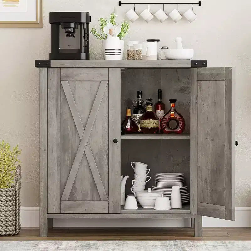 Small Storage Cabinet 2 Piece, Farmhouse Sideboard with 2 Doors & Adjustable Shelves, Entryway Console for Living Room/Dining Room/Kitchen