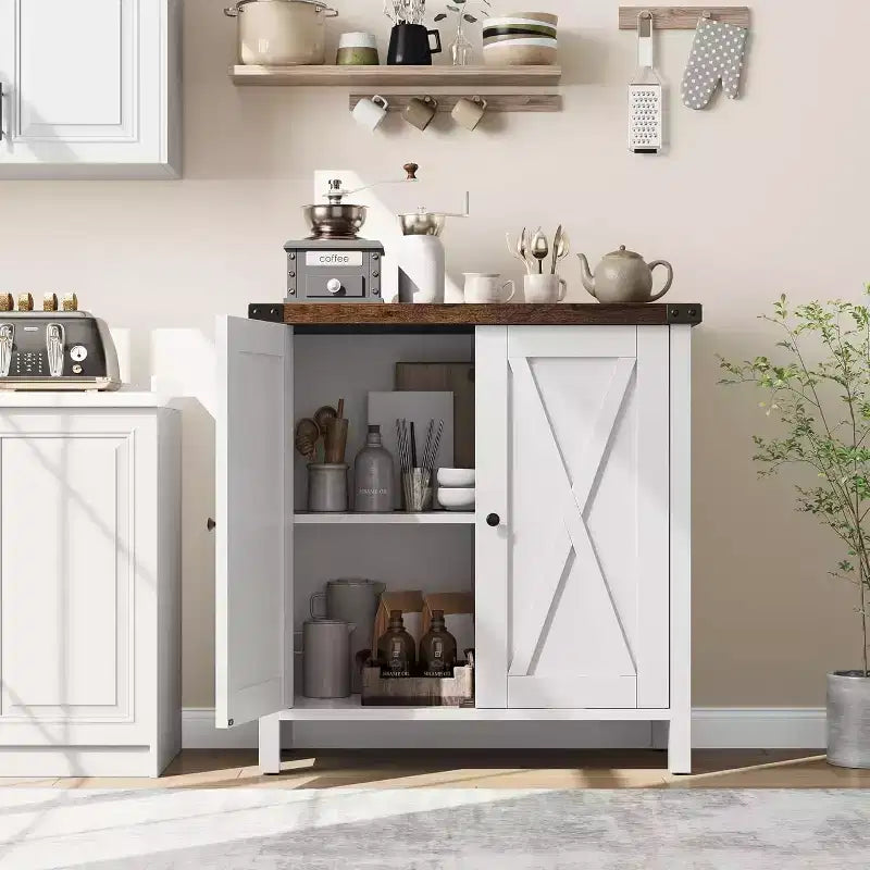 Small Storage Cabinet 2 Piece, Farmhouse Sideboard with 2 Doors & Adjustable Shelves, Entryway Console for Living Room/Dining Room/Kitchen