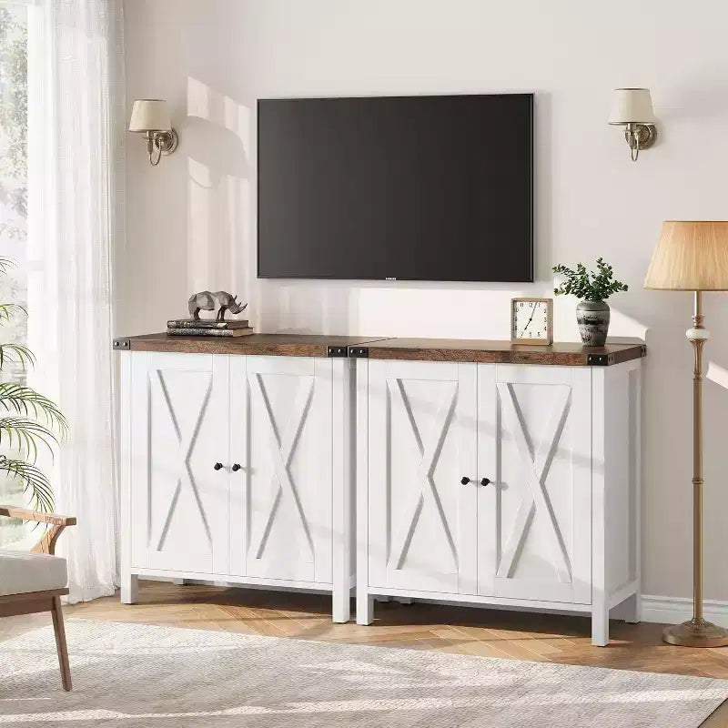 Small Storage Cabinet 2 Piece, Farmhouse Sideboard with 2 Doors & Adjustable Shelves, Entryway Console for Living Room/Dining Room/Kitchen