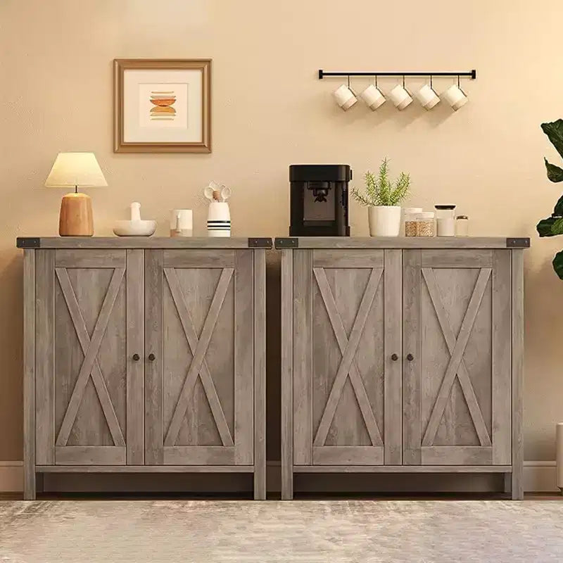 Small Storage Cabinet 2 Piece, Farmhouse Sideboard with 2 Doors & Adjustable Shelves, Entryway Console for Living Room/Dining Room/Kitchen