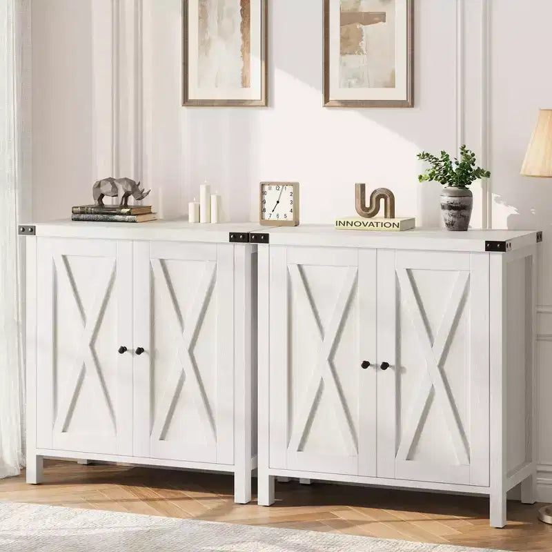 Small Storage Cabinet 2 Piece, Farmhouse Sideboard with 2 Doors & Adjustable Shelves, Entryway Console for Living Room/Dining Room/Kitchen