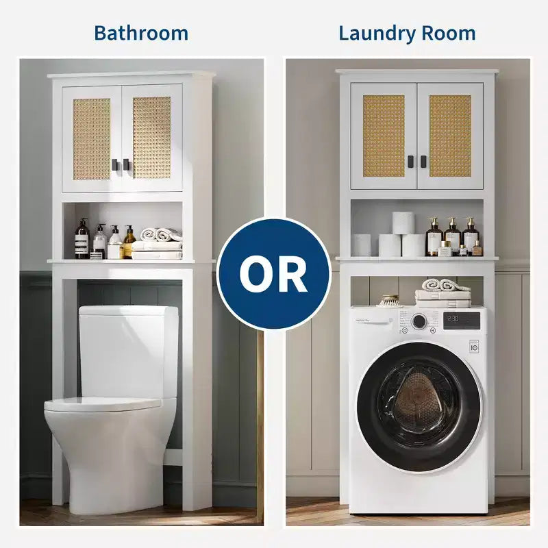66H Over The Toilet Storage Cabinet, Bathroom Space Saver Organizer with Adjustable Shelves, 2 Rattan Doors, Easy Assembly,FreeStanding Toilet Shelf
