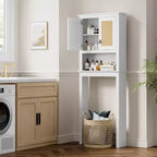 Meuble de rangement 66H au-dessus des toilettes, organisateur de salle de bain peu encombrant avec étagères réglables, 2 portes en rotin, montage facile, étagère de toilette autoportante