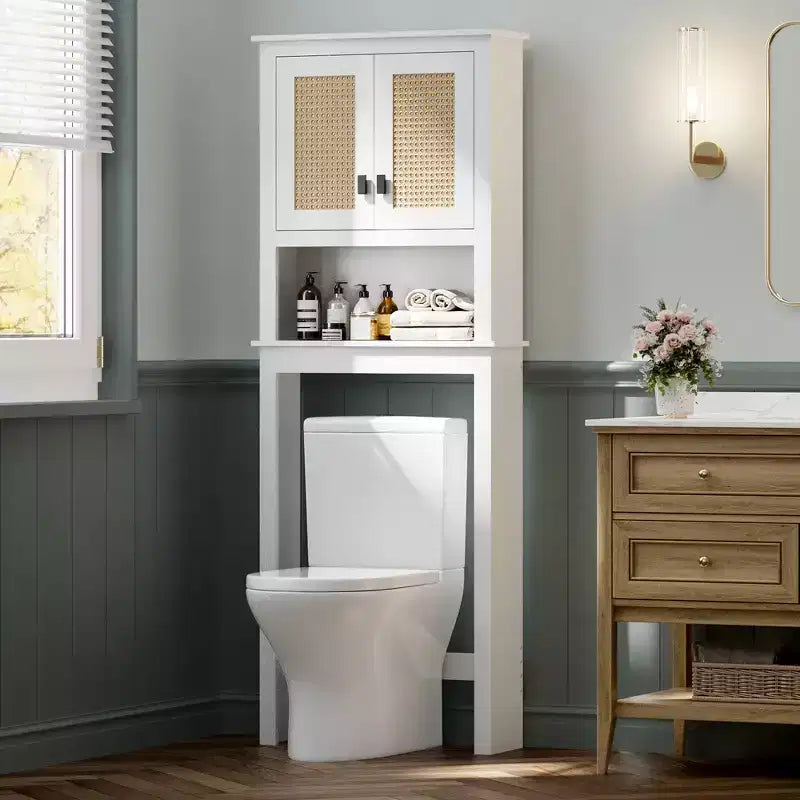 66H Over The Toilet Storage Cabinet, Bathroom Space Saver Organizer with Adjustable Shelves, 2 Rattan Doors, Easy Assembly,FreeStanding Toilet Shelf