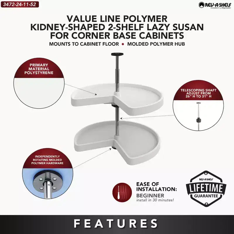 Rev-A-Shelf 2 Tier Kidney Cut Lazy Susan for Corner Base Cabinets, Plastic, 24 Double Shelf Swivel Kitchen Spice/ Can Organizer, White, 3472-24-11-52