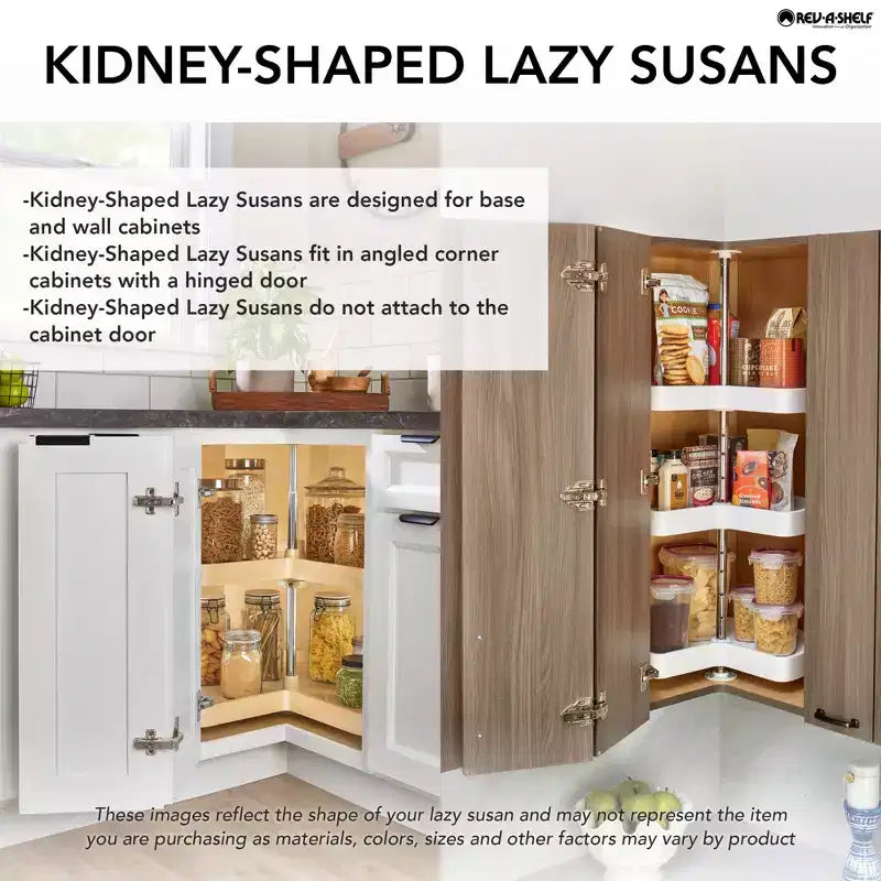Rev-A-Shelf 2 Tier Kidney Cut Lazy Susan for Corner Base Cabinets, Plastic, 24 Double Shelf Swivel Kitchen Spice/ Can Organizer, White, 3472-24-11-52
