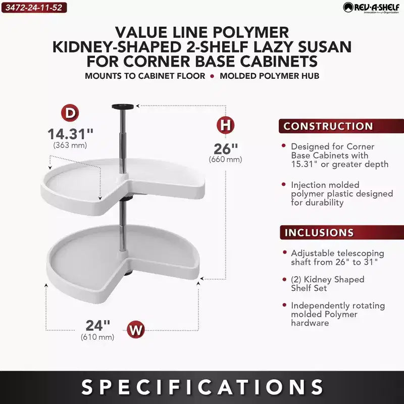Rev-A-Shelf 2 Tier Kidney Cut Lazy Susan for Corner Base Cabinets, Plastic, 24 Double Shelf Swivel Kitchen Spice/ Can Organizer, White, 3472-24-11-52
