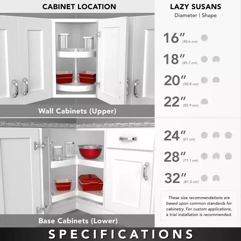 Rev-A-Shelf 2 Tier Kidney Cut Lazy Susan for Corner Base Cabinets, Plastic, 24 Double Shelf Swivel Kitchen Spice/ Can Organizer, White, 3472-24-11-52