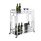 Chariot de bar transparent verre/miroir/chrome style glamour, 2 niveaux, roues verrouillables