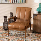 Nikko Mid-Century Faux Leather Upholstered Wood Lounge Chair Walnut/Brown - Baxton Studio: Armless, Rubberwood Frame, Classic Pattern