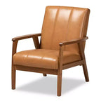 Fauteuil de salon en bois rembourré en similicuir style Mid-Century Noyer/Marron Sans accoudoirs, cadre en hévéa, motif classique