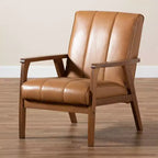 Fauteuil de salon en bois rembourré en similicuir style Mid-Century Noyer/Marron Sans accoudoirs, cadre en hévéa, motif classique