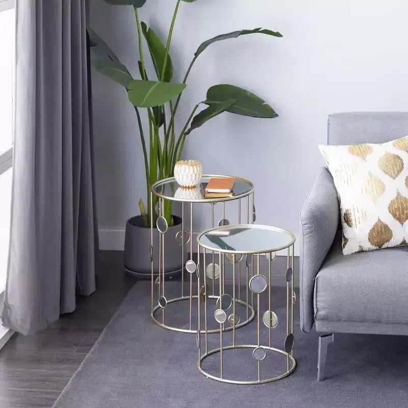 Set of 2 Contemporary Metal Accent Tables with Mirrored Top Gold - Olivia & May: No Assembly, Iron Frame