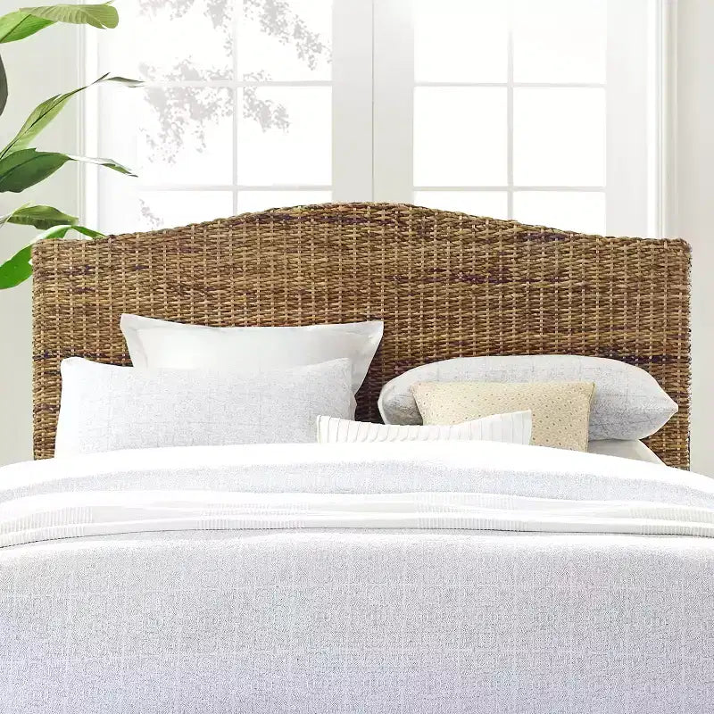Queen Headboard Banana Leaf - Plywood & Wood Frame, Curved Design, Natural Finish