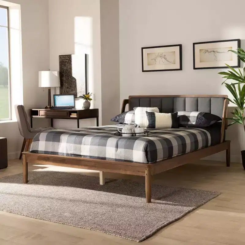 Helsa Mid-Century Modern Platform Bed Walnut/Brown/Gray - Baxton Studio